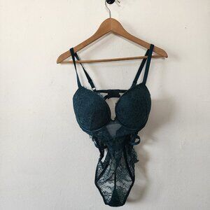 Womens Victorias Secret Hunter Green Lace Teddy Underwire Corset Padded Size XL